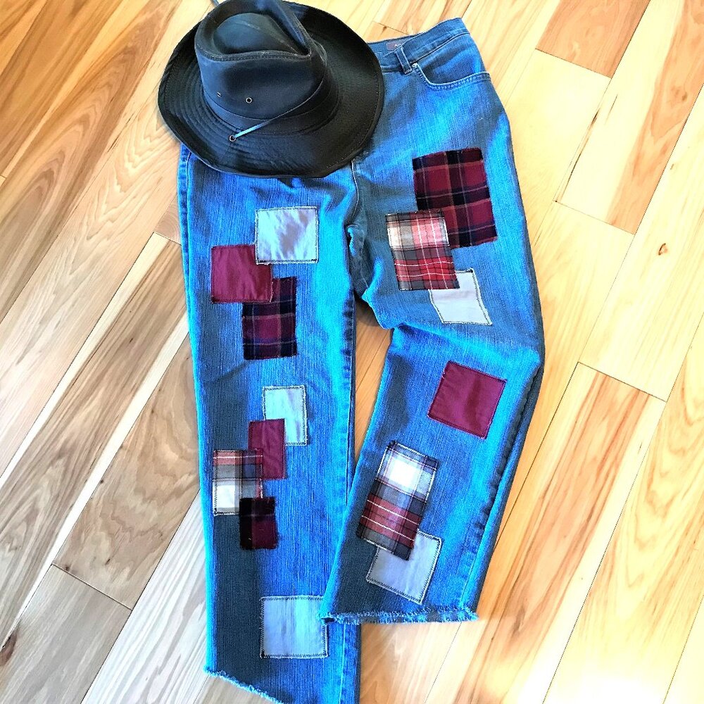 Upcycled Patchwork Jeans, Grunge Cropped Pants Plaid Flannel Patches Size 16